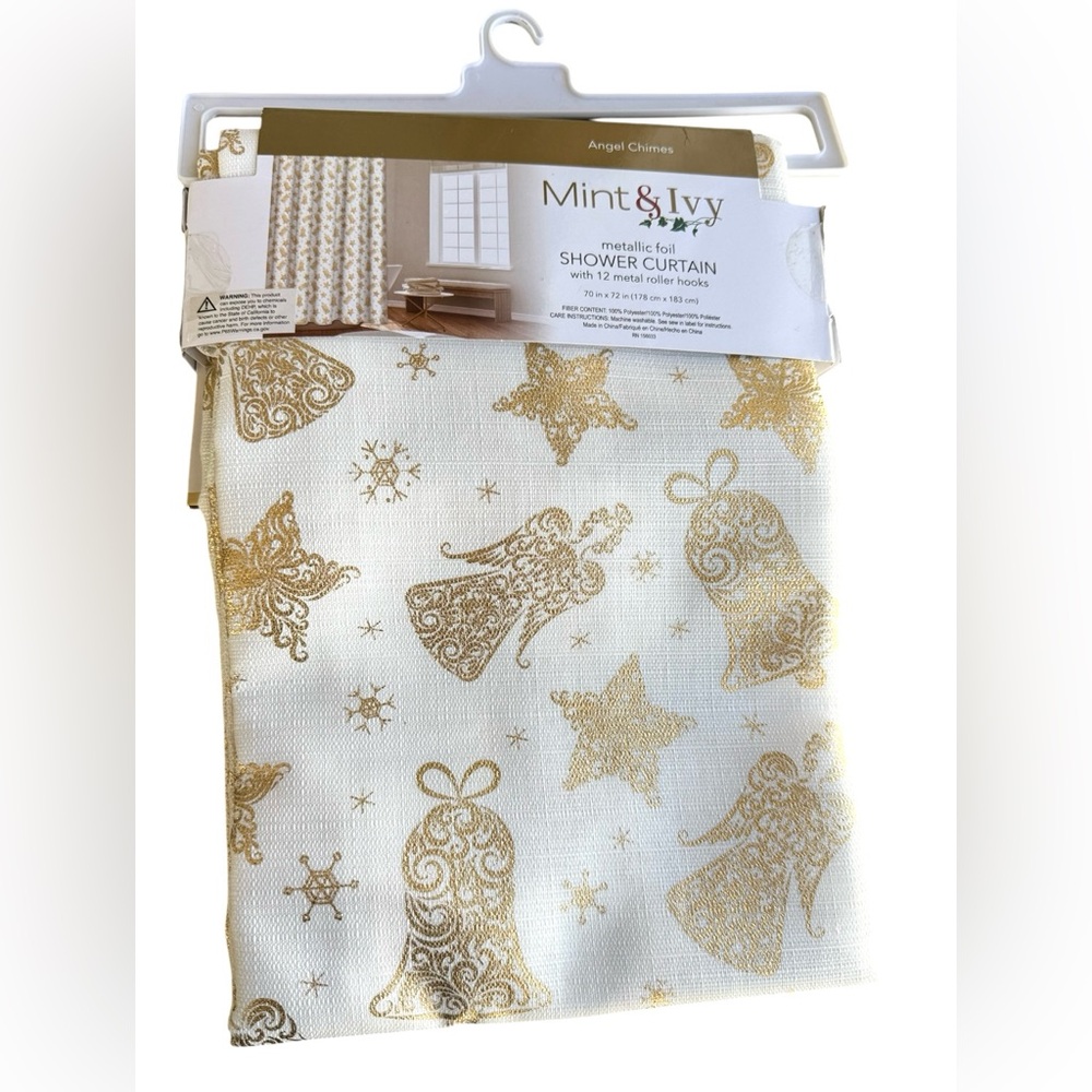 Mint & Ivy Metallic Foil (Angel Chimes ) Shower Curtain w/hooks 70x72 NIP
